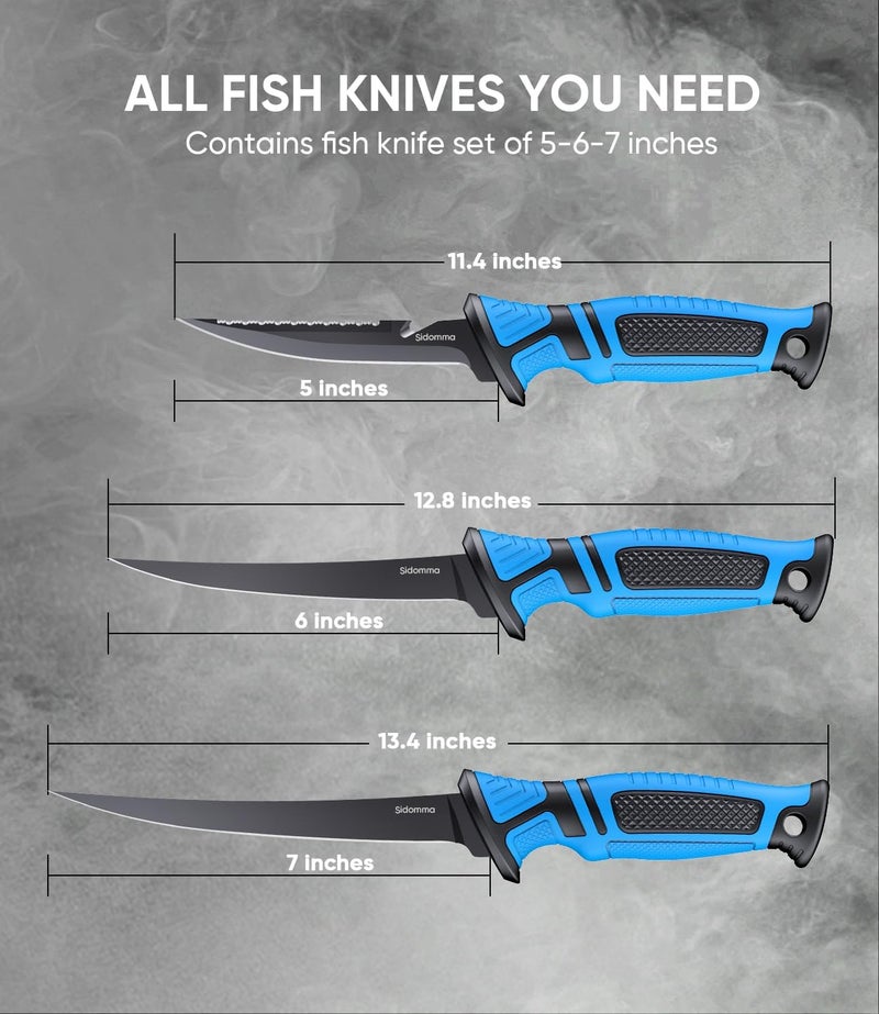 Sidomma Fillet Knife and Bait Knife Set Performance 5"-6"-7" G4116 German Flex Razor Sharp Stainless-Steel Blade with Sheath for Filleting and Boning, Pro Fishing Gear and Equipment Tools, Cool Fishing Gift for Men (Black-Blue) - Image 2